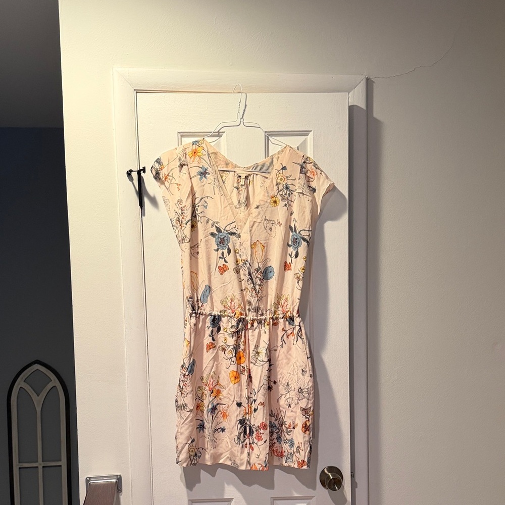 Rebecca Taylor Cream Floral V-Neck Dress with Blue & Orange Details